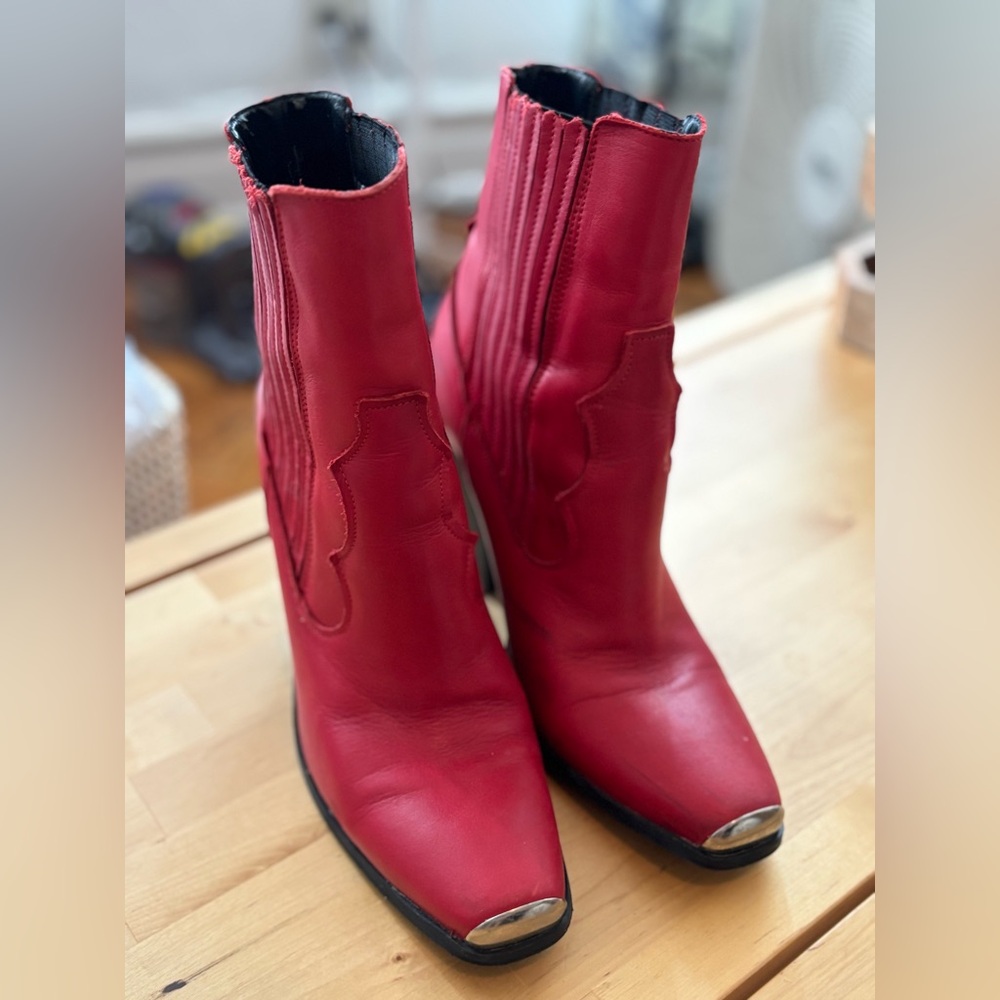 Red Heeled Boots with Stacked Heel and Pointed Toe